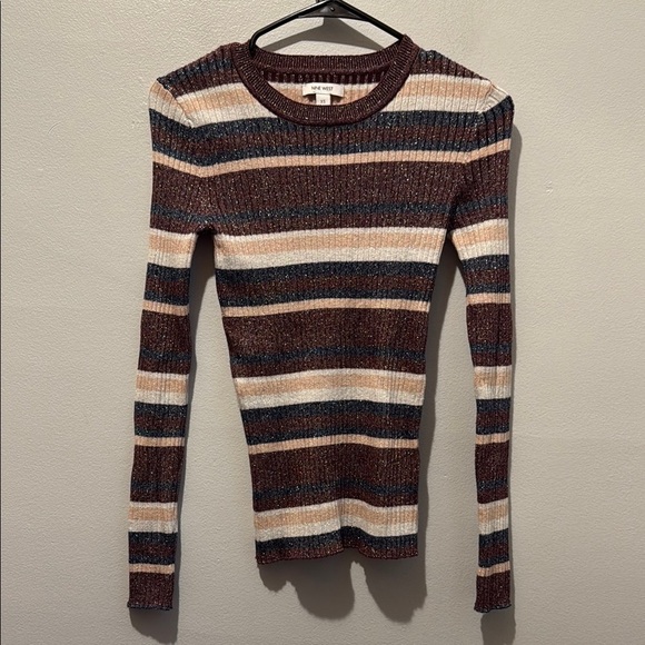 Nine West XS Metallic Striped Crew Neck Sweater Cream, Blue - Picture 5 of 8